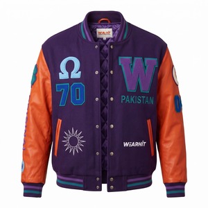 Veste universitaire en chenille toute intégrale avec patchs, en laine violette et manches en cuir orange, style Good Vibes, modèle Letterman OEM - Product Image 1