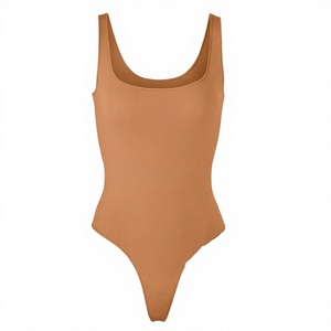 Maillot de bain une pièce pour femme, couleur unie, col rond, bas string, extensible, tricoté en spandex et polyester, vêtements de plage - Product Image 1