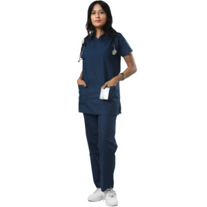 Women Blue Scrub Set V-Neck <b>Top</b> With Pockets And Straight Leg Pants Hospital Uniform Woven Fabric Cotton Polyester Mix - Product Image 3