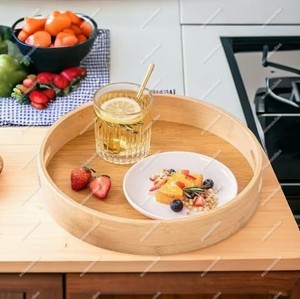 Plateau en bambou en bois de petit déjeuner fait à la main arrondi stockage de nourriture de pain en bambou de grande capacité écologique pour le comptoir de cuisine - Product Image 6