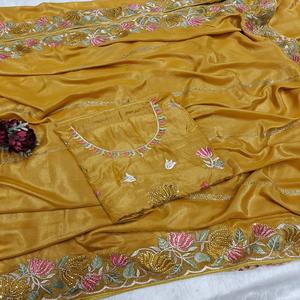 Sari de seda georgette brillante y suave para mujer, con pedrería, estilo occidental, borde con corte elegante, para fiestas de invierno, moda india. - Product Image 1