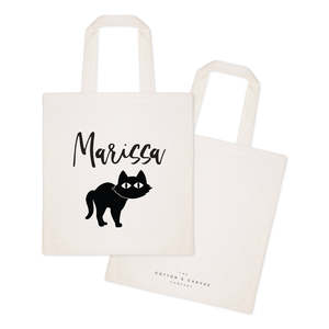 Personalized Black Cat Cotton Canvas Tote Bag with Open Closure Solid Color Pattern - Product Image 2
