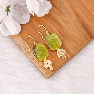Wholesale Brass Statement <b>Earrings</b> Authentic <b>Green</b> Opal Gemstone Jewelry Antique Brass Finish Gold Plated Fashion Forward Style - Product Image 2
