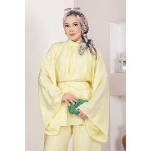 Ensemble pantalon tunique élégant et décontracté avec ceinture chaîne, en jaune tendance moderne, taille XS, pour printemps/été automne, tissu mousseline, MOQ 3 pièces - Product Image 2