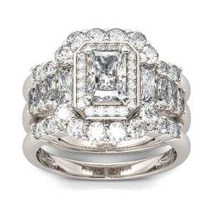 Ensemble de bagues de fiançailles Jeulia Halo en moissanite taille radiant, argent sterling, 3 pièces - Product Image 1
