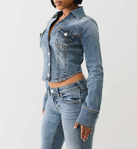 Nouvelle conception, veste bomber en denim tricotée pour femmes, automne, strass, personnalisée, lavage à l'acide, coupe-vent, imperméable, meilleure vente - Product Image 3