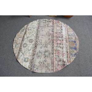 Turkish Round Rug 4.4x4.5 ft, White <b>Red</b> Animal Print Rug <b>Wool</b> - Product Image 3