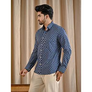 Chemise décontractée bleue 100% coton imprimée à manches longues, tissu popeline respirant, motif floral et à pois, taille 6XL, offre ODM - Product Image 4