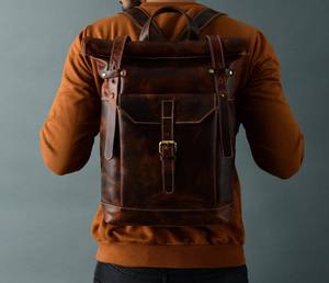 Mochila personalizada de cuero con tapa enrollable, hecha a mano, de cuero oscuro, para ordenador portátil, mochila de viaje, 2017 - Product Image 4