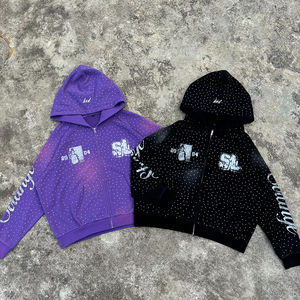 Fabricante de alta calidad Sun Faded Zipper French Terry Streetwear Mujeres Hombres Boxy Fit Rhinestone Hoodie Zip Ups - Product Image 4