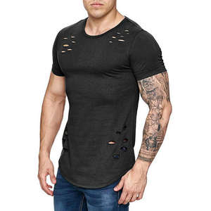 Camiseta de Algodón Ajustada para Hombre, Color Sólido, Cuello Redondo, Deportiva, Fitness, Camiseta de Manga Corta Rasgada para Hombre, Venta al por Mayor en Existencia - Product Image 5