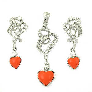 Silver Heart Pendant <b>and</b> <b>Earrings</b> <b>Set</b> with Coral Gemstone Zircon <b>and</b> Pearl for Weddings Parties or Gifts Fine <b>Bridal</b> Jewelry - Product Image 2