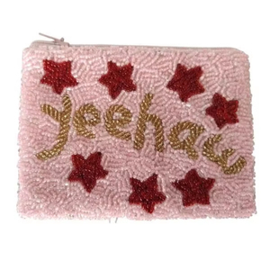 Handmade Pink Beaded Coin Pouch with Red Stars and Yeehaw Embroidery <b>Square</b> Shape Home Decoration Party Accessory - Product Image 1
