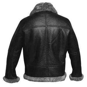معطف رجالي شتوي طائر من جلد الغنم الأسود جاكيت بومبر مع شعار فرو رمادي دافئ على الجبهة - Product Image 2