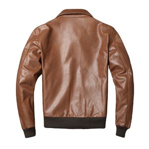 Blouson aviateur en cuir véritable marron pour homme, style vintage classique, avec fermeture éclair sur le devant, poignets côtelés et deux poches à rabat - Product Image 2