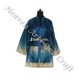 KS002 Bohemian Silk Vintage Sari Kimono Short Robe - Summer Beach Wear Bikini Silk Cover Up-Venta al por mayor Silk Sari Vintage Sari - Product Image 4