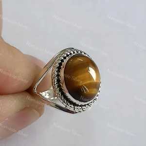 925 Sterling Silver Handmade <b>Tigers</b> <b>Eye</b> Boho <b>Ring</b> Women's Natural Oval Silver Statement <b>Ring</b> for Gift - Product Image 4