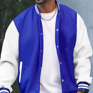 Chaqueta Estilo Universitaria Azul Rey y Blanca para Hombre, Ribete Acanalado a Rayas, Cierre de Botones a Presión, Moda Urbana Premium - Product Image 3