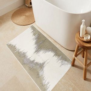 Tapis de bain et de douche rectangulaire en coton recyclé jacquard à motif abstrait, 70x120cm, couleur écru - Fabriqué en Turquie - Product Image 1
