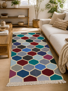 Tapis de couloir Kilim en coton fait main, moderne, multicolore, à blocs hexagonaux, Dhurrie, avec franges, pour chambre et salon - Product Image 1