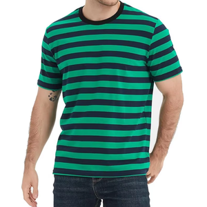 เสื้อยืดลายทางสำหรับผู้ชายผ้าฝ้าย100% คอกลมทรงหลวมลำลองแขนสั้นโอเวอร์ไซส์พร้อมโลโก้ด้านหน้าสำหรับฤดูร้อน2025 - Product Image 2