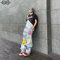 Salopette baggy en denim déchiré pour hommes, visage souriant mignon, conception en détresse, combinaison en jean détruit avec poches fonctionnelles