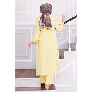 Casual Yellow Hijab Set with Floral Print Belted Knitting <b>Trousers</b> - Product Image 3