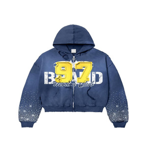 Sweat à capuche court personnalisé lavé à l'acide pour hommes en détresse Patch brodé avec ourlet brut Applique doublé Design ODM Supply - Product Image 4