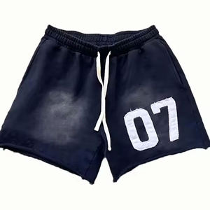 Shorts en coton noir délavé pour homme, numéro 07, streetwear, taille élastique, cordon de serrage, coupe ample, décontracté, uni, coupe décontractée, été - Product Image 1