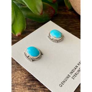 Navajo Kingman Turquoise & <b>Sterling</b> <b>Silver</b> <b>Stud</b> Earrings Bezel Set in Laid-Back Style - Product Image 3