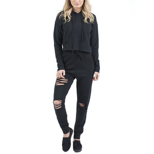 Ensemble de survêtement décontracté pour femme en coton doux, avec pantalon de survêtement à taille élastique, style usé - Product Image 1