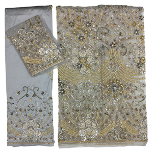 Vestido de tela George estilo ASOEBI africano con cuentas pesadas gris oscuro seda con encaje de red de contraste George Wrappers African Headtie - Product Image 1