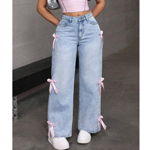 <span class=keywords><strong>Jeans</strong></span> de Mujer de Corte Recto que Favorecen la Figura, Cintura Media, con Decoración de Lazo, Pantalones de Mezclilla para Mujer, Estilo Urbano, Gran Venta 2026 - Product Image 1