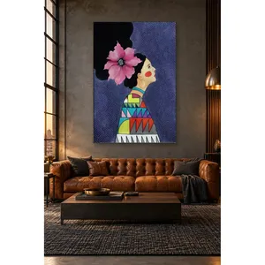 Fida, femme avec une fleur rose en profil sur fond bleu marine, impression sur toile - Product Image 2