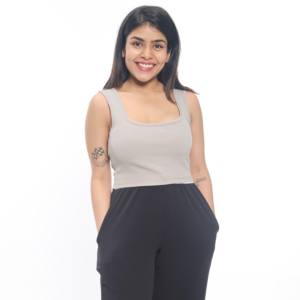 Femmes à la mode gris côtelé haut débardeur extensible sans manches col carré Spandex tricots pour tenues d'été superposition décontractée - Product Image 1