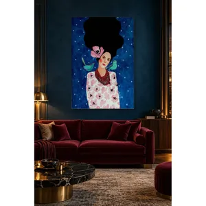 Fida Femme avec deux oiseaux bleus dans une nuit étoilée, impression sur toile - Product Image 3