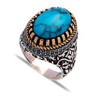 Bague Homme en Argent 925, Pierre Naturelle Turquoise Ovale Authentique, Style Ottoman, Bijoux pour Homme