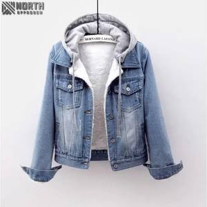 Veste en jean à capuche pour femme, manches longues, coupe fine, lisse votre silhouette, haut d'étudiant-M, velours bleu foncé - Product Image 2