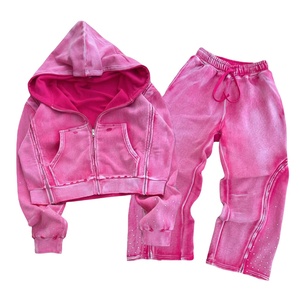 Glory Custom Acid Wash Rhinestone French Terry Cropped Hoodie With Baggy Knitted <b>Pant</b> New Trendy Look For Unisex Street Wear - Product Image 1