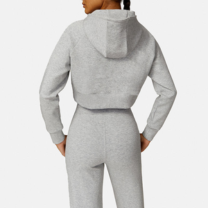 Ensemble 2 pièces personnalisé de haute qualité, sweat à capuche en coton court, survêtement pour femmes, tissu à tricoter à motif solide, style long - Product Image 4