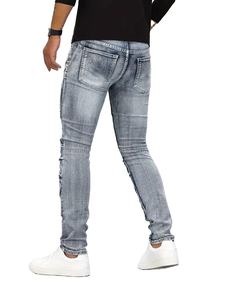 Deux tons en détresse Patchwork Hip Hop Jeans hommes Slim Fit jambe droite léger lavé Rivet été - Product Image 4
