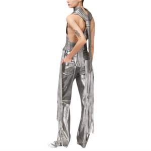 Pantalon cargo en satin P Mirow N1 taille moyenne argentée taille élastique coupe décontractée avec poches latérales et détail froncé - Product Image 4