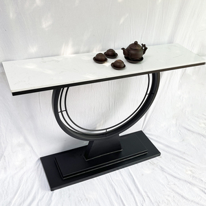 Contemporary Modern Living Room <b>Console</b> <b>Table</b> with Stone Top and <b>Round</b> Iron Frame - Product Image 4
