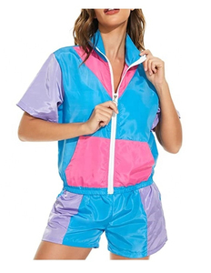 Ensemble de shorts coupe-vent décontracté pour femmes 2025 Design chaud été couleur bloc tenues à manches courtes taille élastique fermeture à glissière - Product Image 1