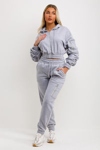 Vente en gros ensemble de survêtement gris 2 pièces pour femmes avec manches froncées surdimensionnées et 100% coton ensemble de survêtement jogger 2 pièces pour femmes - Product Image 3