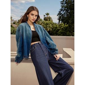 Paola Riboni Women's <b>Denim</b> Bomber <b>Jacket</b> Loose Fit Stonewashed Cotton Autumn Winter Style with Zippers - Product Image 1