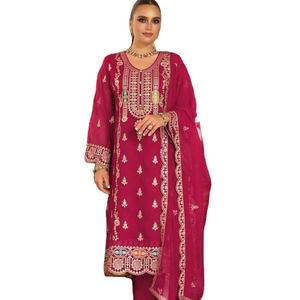 Salwar Kameez Elástico Bordado en Seda Georgette de Alta Calidad, Color Brillante, Diseño Pakistaní para Fiestas - Product Image 1