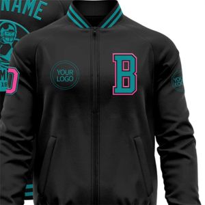 OEM fabricación personalizada Todo Negro verde azulado-Rosa Bomber Varsity Letterman chaqueta con cremallera - Product Image 5
