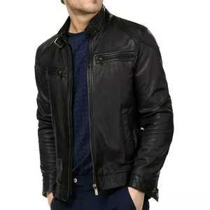 Chaqueta de cuero Premium para hombre, motociclistas, cuello levantado con capucha, cordones laterales, estilo informal de invierno, lona negra, cremallera frontal - Product Image 4