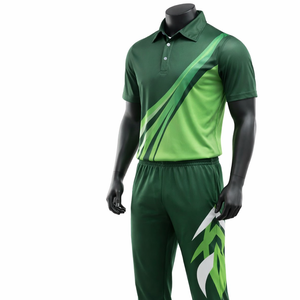 Conjunto de Uniforme de Cricket Unisex Personalizado, Sublimado, Color Verde con Bloques de Color, Manga Corta, Pantalones con Cintura Elástica, Absorbe la Humedad, Deportivo - Product Image 2